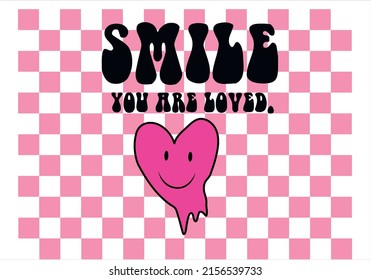 smile slogan and checkers pattern design with heart illustration vector