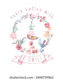 smile slogan with colorful flowers illustration in peace symbol 