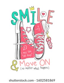 smile slogan with colorful sneakers illustration