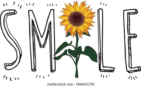 Smile slogan with sunflower illustration - Graphic cartoon font text print for kids and girl tee / t shirt