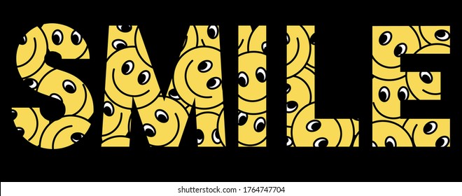 Smile Slogan T Shirt Print Design. Seamless Pattern Of Happy Face Icon. Smiling Emoticon Texture. Smile Background.
