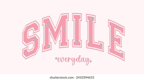 Smile slogan vector with silver glitter heart illustration for t-shirt and other uses