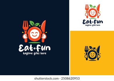 Smile Smiley Icon Emotion Emoji with Fork, Knife, Leaf, Plate and Orange Fruit for Eat Fun Healthy Organic Vegan Food logo design