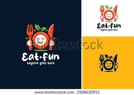 Smile Smiley Icon Emotion Emoji with Fork, Knife, Leaf, Plate and Orange Fruit for Eat Fun Healthy Organic Vegan Food logo design
