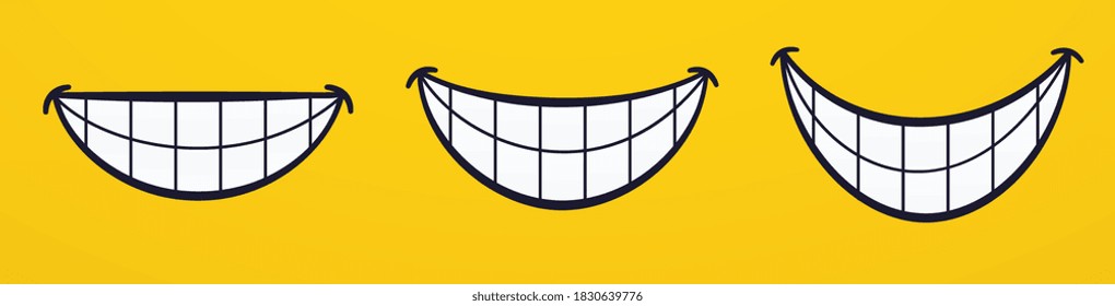 Smile, smiling lips, mouth, cheerful face emotions. Set of cartoon laughing with teeth.