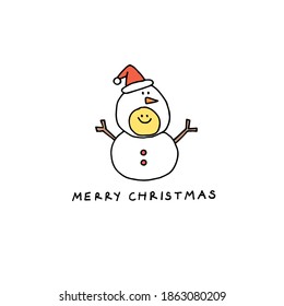 smile in snowman. Cute Merry Christmas and Happy New greeting card. Printable hand drawn design. On white background.