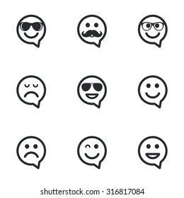 Smile speech bubbles icons. Happy, sad and wink faces signs. Sunglasses, mustache and laughing lol smiley symbols. Flat icons on white. Vector