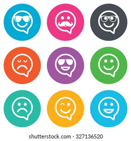 Smile speech bubbles icons. Happy, sad and wink faces signs. Sunglasses, mustache and laughing lol smiley symbols. Flat circle buttons. Vector
