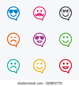 Smile speech bubbles icons. Happy, sad and wink faces signs. Sunglasses, mustache and laughing lol smiley symbols. Flat colored graphic icons.