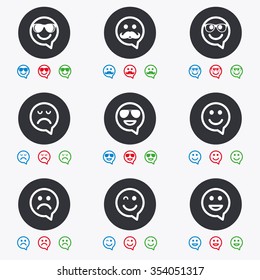 Smile speech bubbles icons. Happy, sad and wink faces signs. Sunglasses, mustache and laughing lol smiley symbols. Flat circle buttons with icons.