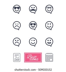 Smile speech bubbles icons. Happy, sad and wink faces signs. Sunglasses, mustache and laughing lol smiley symbols. Report document, calendar icons. Vector