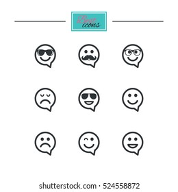 Smile speech bubbles icons. Happy, sad and wink faces signs. Sunglasses, mustache and laughing lol smiley symbols. Black flat icons. Classic design. Vector