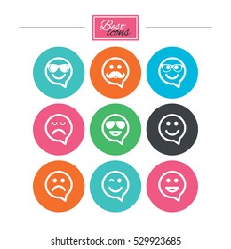 Smile speech bubbles icons. Happy, sad and wink faces signs. Sunglasses, mustache and laughing lol smiley symbols. Colorful flat buttons with icons. Vector