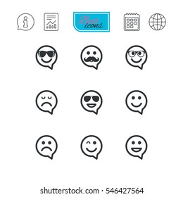 Smile speech bubbles icons. Happy, sad and wink faces signs. Sunglasses, mustache and laughing lol smiley symbols. Report document, calendar and information web icons. Vector