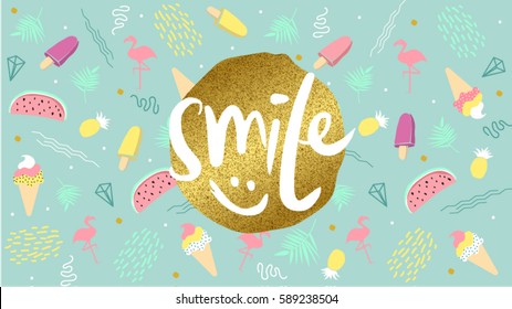 Smile Spring, Summer fashion poster, banner in trendy 80s-90s Memphis style. Vector illustration with lettering and colorful background design for card, invitation. Easy editable for Your design.