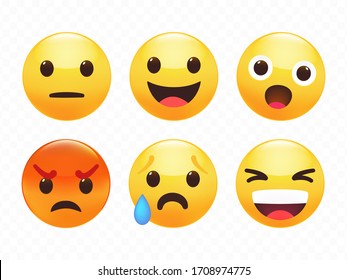 Smile sticker set, including such expressions as indifference or calm, laugh, surprise, angriness, cry, happiness. Premium vector illustration.