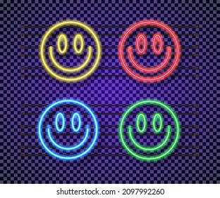 Smile sticker set neon style isolated on transparent background. Trendy cool banner, new wave stamp, comic design elements, cartoon style pins. 10 eps