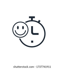 Smile and stopwatch. Fun moment. Vector linear icon isolated on white background.