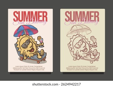 smile sun funky mascot wear glass lay on sunbed enjoy cold drink for summer sunbathing concept. vintage style sun cartoon mascot vector illustration