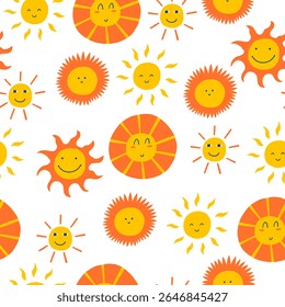 Smile Sun Seamless Pattern. Summer Sunshine Weather Background. Vector Textile Wallpaper