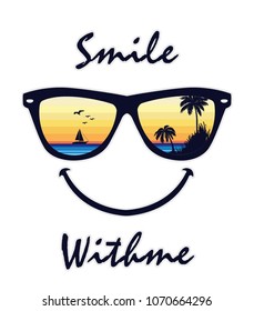 Smile sunglasses tropical summer typography, t-shirt graphics, vectors