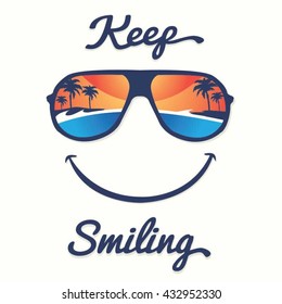 Smile sunglasses tropical summer typography, t-shirt graphics, vectors