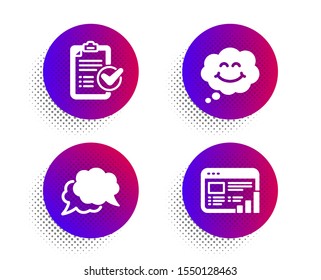 Smile, Survey checklist and Chat message icons simple set. Halftone dots button. Web report sign. Comic chat, Report, Speech bubble. Graph chart. Technology set. Classic flat smile icon. Vector