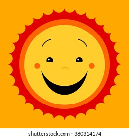 Smile sweat cute sun. Vector cute kids sun symbol. Kiddish sun sign. Joyful sun with smiley face. Kids design. Cute childish sun icon. Emoticon icon. Feeling good image. Cute flat vector illustration.
