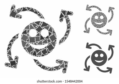 Smile swirl arrows mosaic of tremulant elements in various sizes and shades, based on smile swirl arrows icon. Vector abrupt parts are organized into mosaic.