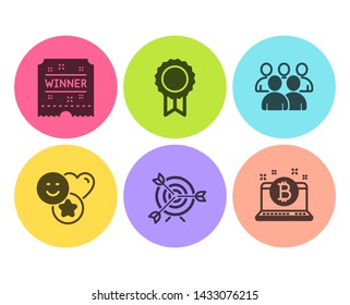 Smile, Target and Group icons simple set. Reward, Winner ticket and Bitcoin signs. Social media likes, Targeting. Business set. Flat smile icon. Circle button. Vector