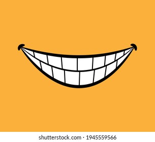 Smile with teeth, hand drawn doodle illustration of a mouth smile line with white teeth, isolated on pastel yellow background.