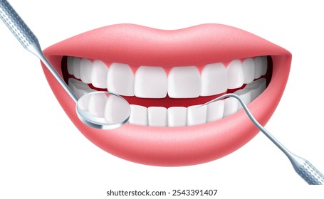 Sorria com dentes e escamas periodontais, sonda dentária e espelho dentário para dentes isolados em fundo branco. Ferramenta de dentista médico. Odontologia, saúde, higiene. Ilustração realista do vetor 3d