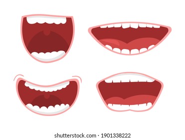 Smile With Teeth, Tongue Sticking Out, Surprised. Funny Cartoon Mouths Set With Different Expressions. Various Open Mouth Options With Lips, Tongue And Teeth. Cartoon Vector Illustration, Eps 10. 