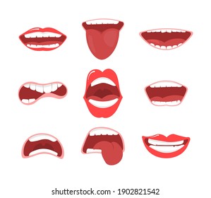 Smile with teeth, tongue sticking out, surprised. Funny cartoon mouths set with different expressions. Various open mouth options with lips, tongue and teeth. Cartoon vector illustration, eps 10. 