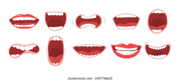 Smile with teeth, tongue sticking out, surprised. Various open mouth options with lips, tongue and teeth. Funny cartoon mouths set with different expressions. Cartoon vector illustration, eps 10. 