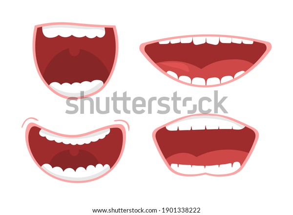 Smile with teeth, tongue sticking out, surprised. Funny\
cartoon mouths set with different expressions. Various open mouth\
options with lips, tongue and teeth. Cartoon vector illustration,\
eps 10. 