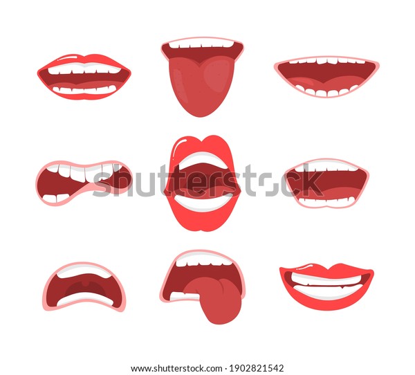 Smile with teeth, tongue sticking out, surprised. Funny\
cartoon mouths set with different expressions. Various open mouth\
options with lips, tongue and teeth. Cartoon vector illustration,\
eps 10. 