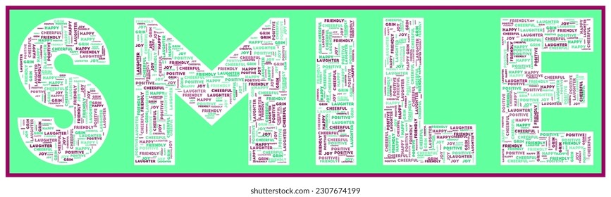 SMILE text filled with related keywords of various sizes. Smile word cloud. Modern vector illustration.