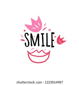 Smile text quote card, pink lips symbol. Decor elememts set, vector illustration.