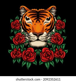 Tigre sonriente con ilustración de vector de flor rosa para su empresa o marca