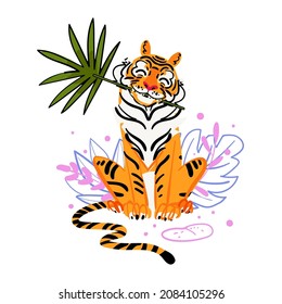 Smile tiger sitting pose with decorative tropic leaves isolated on white background. Flat style funny cute vector illustration. Chinese zodiac tiger symbol.