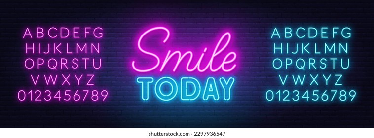 Smile Today neon lettering on brick wall background.