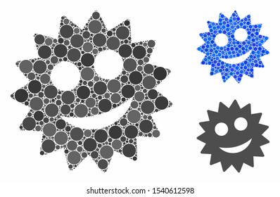 Smile token mosaic of round dots in various sizes and color tints, based on smile token icon. Vector round dots are united into blue mosaic. Dotted smile token icon in usual and blue versions.