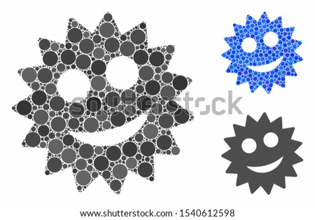 Smile token mosaic of round dots in various sizes and color tints, based on smile token icon. Vector round dots are united into blue mosaic. Dotted smile token icon in usual and blue versions.