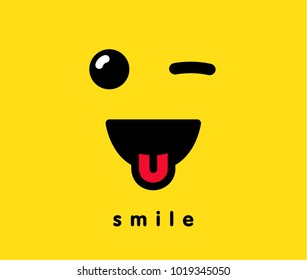 Smile with tongue banner template. Winking smiling emoticon vector on yellow background. Face icon in line art style