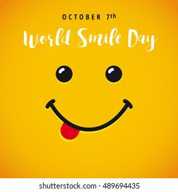 Smile with tongue and lettering World Smile Day on yellow background. World Smile Day banner