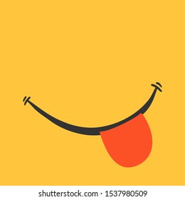 Smile with tongue on yellow background. Cute emotion in cartoon style. Good mood, happiness doodle. Vector image.