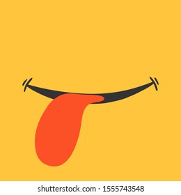 Smile with tongue on yellow background. Cute emotion in cartoon style. Good mood, happiness doodle. Vector image.