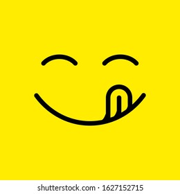 smile with tongue on yellow background. concept of grin, smile world day, language, great food, enjoy food, foodie, flavor, social network emoji. flat style trend smile logo design vector illustration