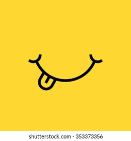 Smile With Tongue On Yellow Background. Concept Of Grin, Smile World Day, Language, Great Food, Enjoy Food, Foodie, Flavor, Social Network Emoji. Flat Style Trend Smile Logo Design Vector Illustration